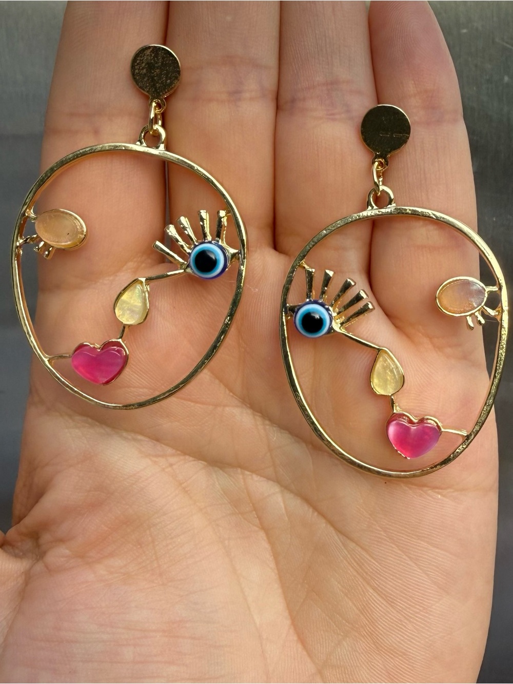 Gold-tone Face Drop Earrings with Pink, Yellow & Blue Accents - Picture 5 of 5